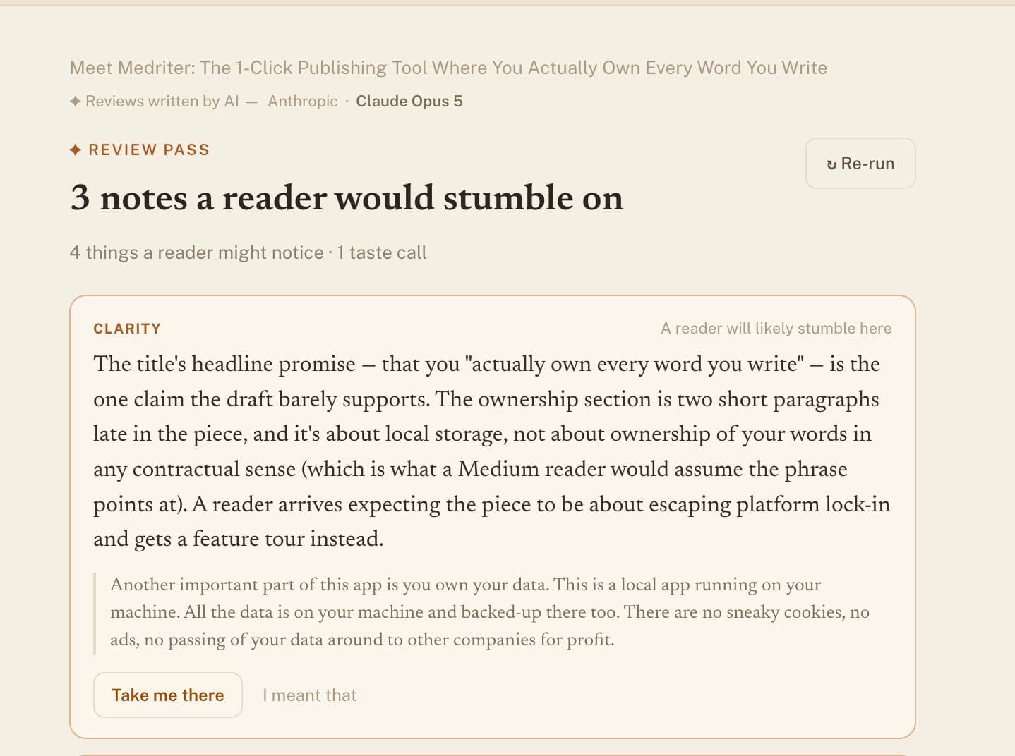 The review tab - this allows the AI model of your choice to provide feedback on your article.